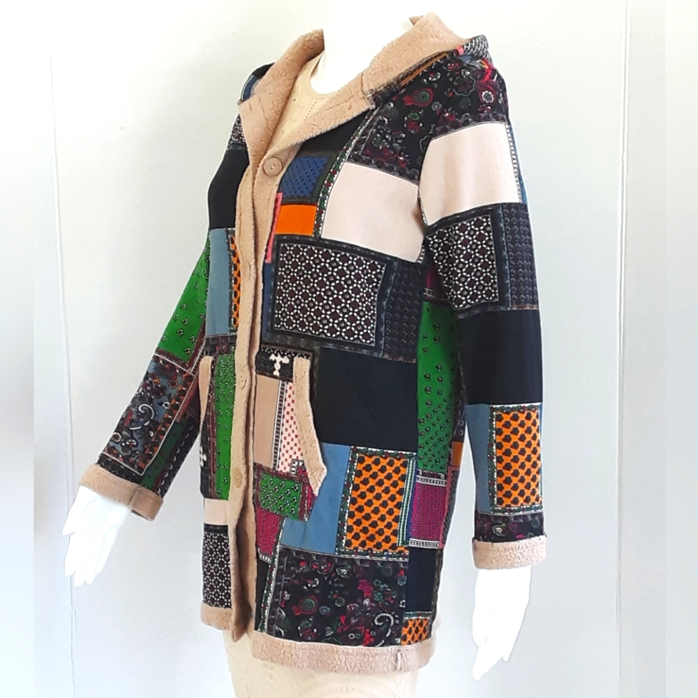 E-Retro Multicolored Patchwork Fleece Lined Hooded Jacket Sz M - Vtg